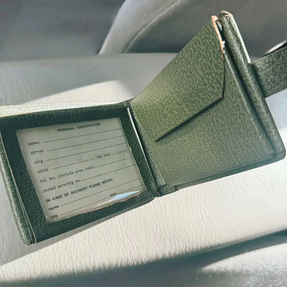 Vintage 50s Green Pebbled Leather Bifold Wallet, Chevron Emblem